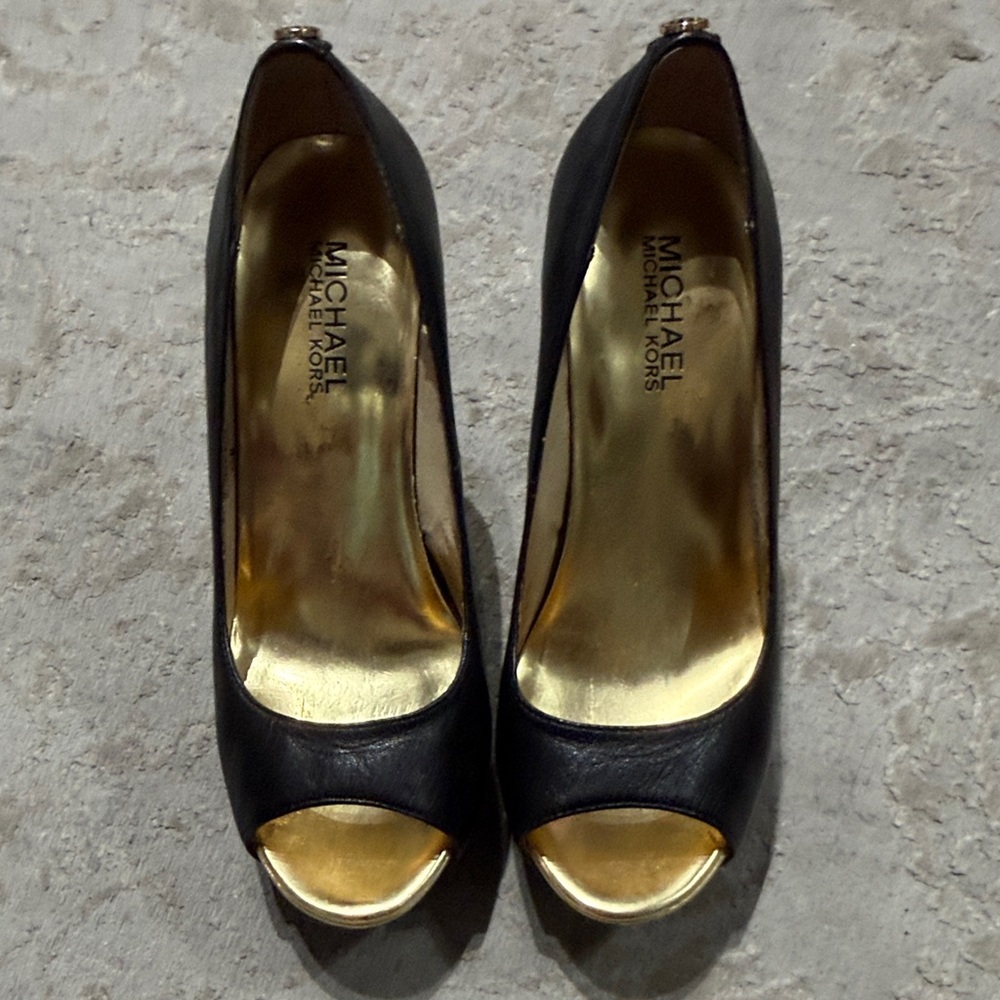Michael Kors Black and Gold Peep Toe Heels